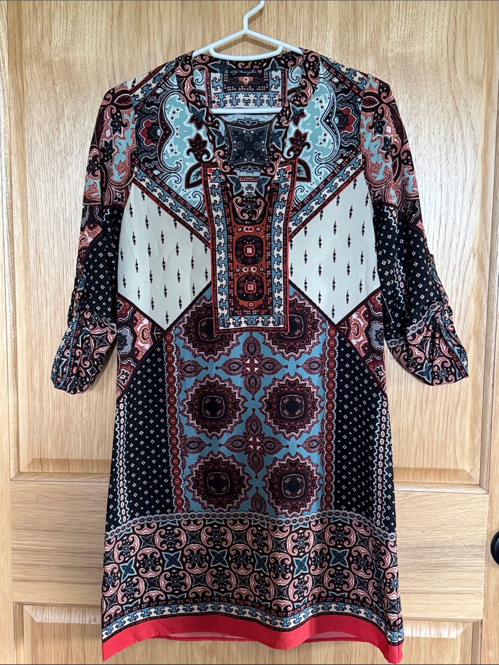 Boho Patchwork Print Tunic Dress in Red, Blue, Black
